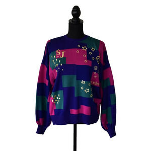 B0 Auth ST JOHN SEPARATES VTG Wool Knit Colorblock Gold Embroidered Sweater Sz M